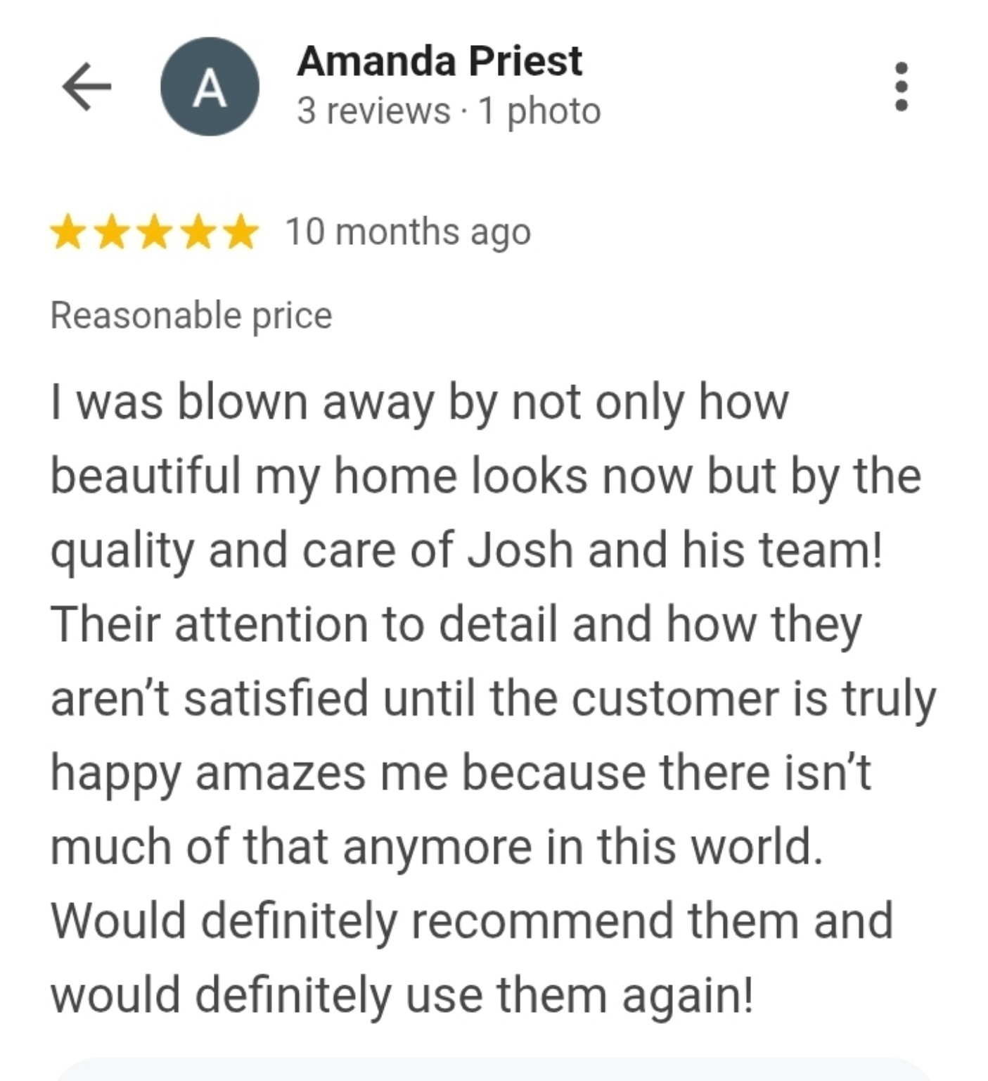 Customer review highlighting craftsmanship, customer care and attention to detail.